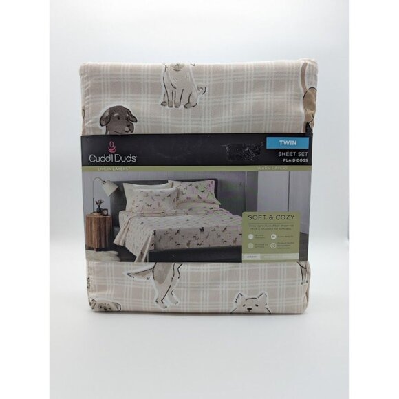 Cuddl Duds Twin Sheet Set Soft & Cozy Warm Plaid Dogs Pug Lab Beagle Shepard NEW - Picture 2 of 4